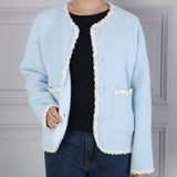 Parisian style Boucle trim fluffy cardigan in baby blue