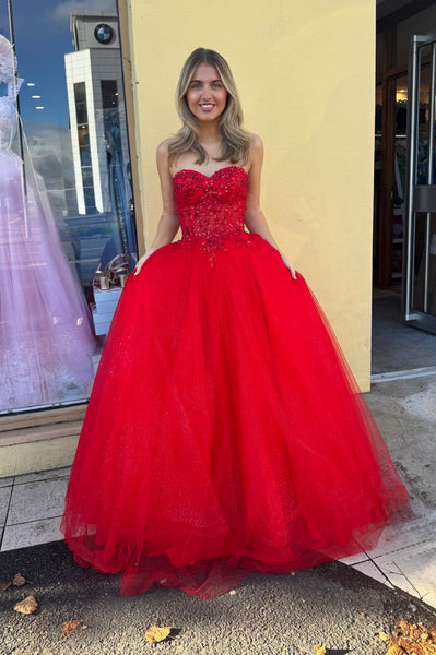 Leila red strapless prom dress ballgown