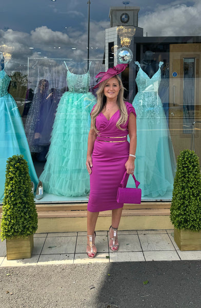 Miley orchid occasion midi dress with gold belt – Deja Elite Boutique