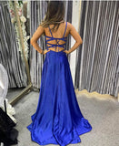 Astrid hot fix Diamante A line royal blue satin prom dress ON SALE - one off size US 4fits to UK 6-8