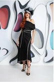 Rosellon drape dress by Kevan Jon in two tone black with white  piping