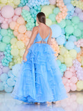 AKIRA layered tulle prom dress by Tiffanys prom in bluebell, coral and dark green