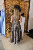 Carla Ruiz 53018 mikado satin skater dress in black multi paisley