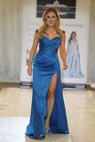 Sofia satin bardot corset prom dress baby blue and teal