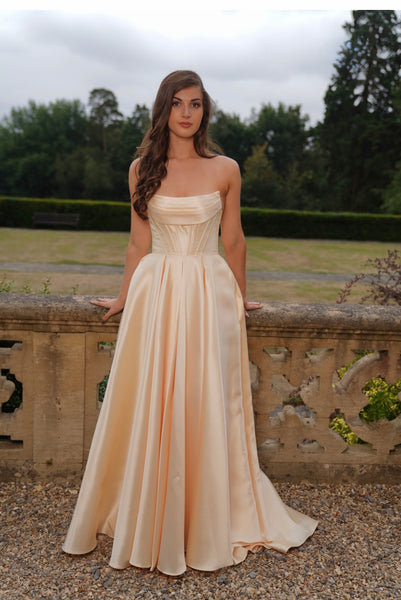 Gina satin prom dress ballgown in wine, butter yellow, emerald and sage