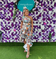 Rebecca Rhoades Dakota frill high low dress in retro zest