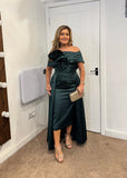 Kris satin midi dress with removable over skirt by Kevan Jon in British Racing Green