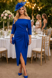 Royal blue Bardot ruched waist detail midi dress by Red and Royal