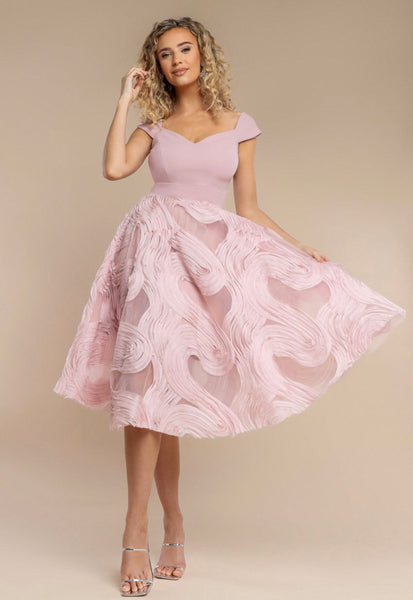 Eliza Bardot skater scuba and chiffon midi dress in blush pink