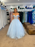 Glinda by Tiffany’s tulle bardot prom dress in baby blue, lilac