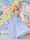 Elsie diamante layered tulle ballgown prom dress by Tiffanys pink, blue, lemon