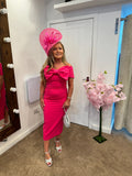 Kevan Jon Boo bow Bardot midi dress in hot pink
