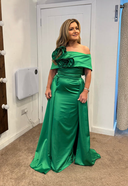 Kris satin maxi dress with removable over skirt by Kevan Jon in Emeral Deja Elite Boutique Kris satin maxi dress with removable over skirt by Kevan Jon in Emeral Deja Elite Boutique
