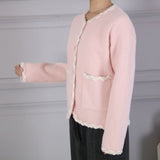 Parisian style Boucle trim fluffy cardigan in baby pink