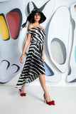 Eugenia flare dip hem midi dress by Kevan Jon in black and white