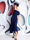 Rosellon drape dress by Kevan Jon in two tone navy with new blue piping