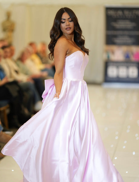Mayah satin bow back sweetheart ballgown prom dress in baby pink, lemon, royal