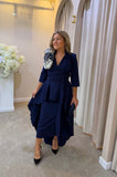 Amara roset midi dress with overskirt by Kevan Jon in navy land ivory