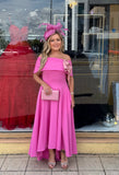 Kristina flare dip hem midi dress by Kevan Jon in hot pink