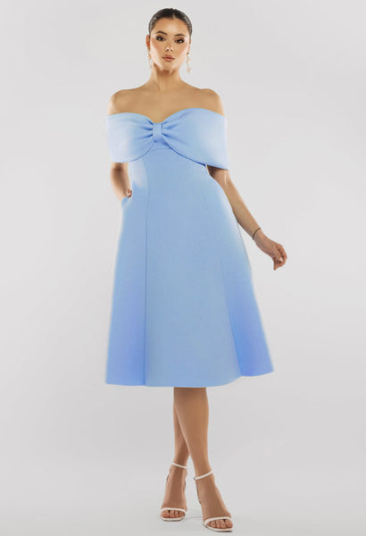 Bonita Bow Bardot skater midi dress in baby blue