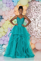 Rosa tulle layered prom dress by Tiffanys in black and jade green