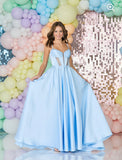 Danielle satin embellished prom dress by Tiffanys pink, baby blue, navy, red