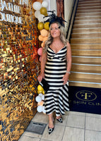 Justina black and ivory stripe mermaid midi dress