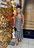 Justina black and ivory stripe mermaid midi dress