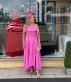 Kristina flare dip hem midi dress by Kevan Jon in hot pink