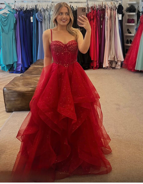 Scarlett red beaded layered tulle prom dress