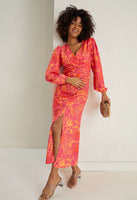 Rita satin twist midi dress in orange and fuchsia