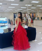 Scarlett red beaded layered tulle prom dress