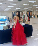 Scarlett red beaded layered tulle prom dress