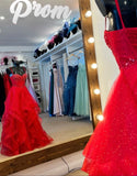 Scarlett red beaded layered tulle prom dress