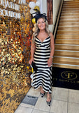 Justina black and ivory stripe mermaid midi dress