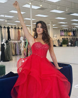 Scarlett red beaded layered tulle prom dress