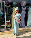 Kevan Jon Eugenia Bardot dip hem midi dress in mint green