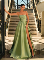 Sage green satin ballgown prom dress