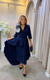 Amara roset midi dress with overskirt by Kevan Jon in navy land ivory