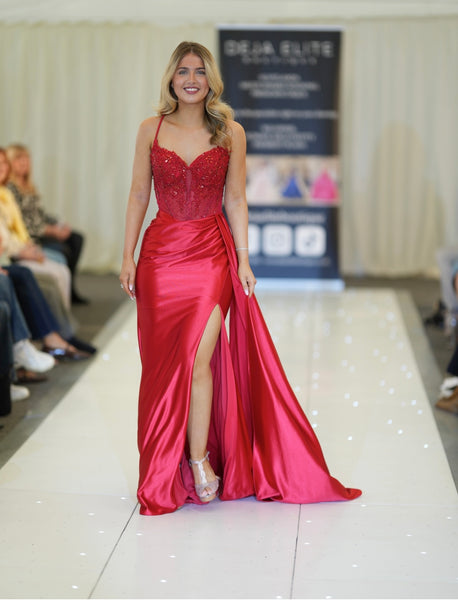 Crystal tight satin prom dress by Tiffanys red, royal blue – Deja Elite Boutique Crystal tight satin prom dress by Tiffanys red, royal blue – Deja Elite Boutique