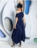 Rosellon drape dress by Kevan Jon in two tone navy with new blue piping