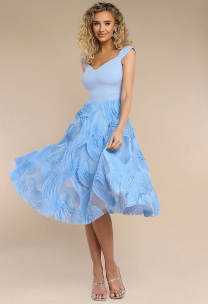 Eliza Bardot skater scuba and chiffon midi dress in powder blue