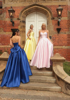 Mayah satin bow back sweetheart ballgown prom dress in baby pink, lemon, royal
