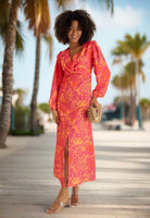 Rita satin twist midi dress in orange and fuchsia