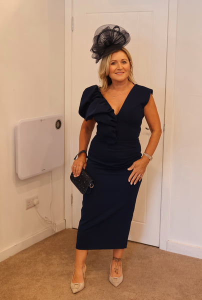 Bobbie plunge ruffle midi dress by Kevan Jon navy blue