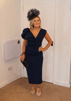 Bobbie plunge ruffle midi dress by Kevan Jon navy blue