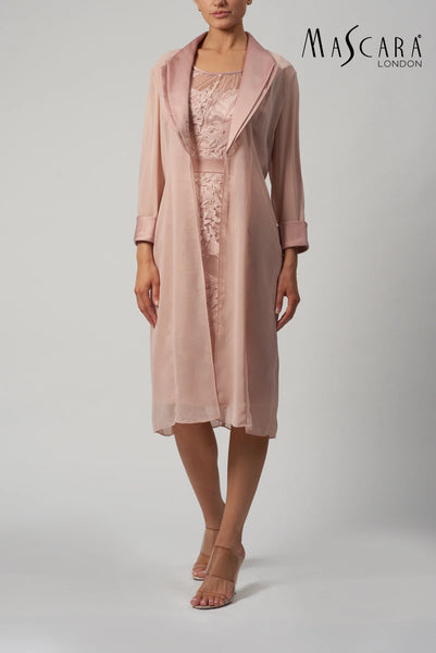 Olivia two piece suit in blush pink, chiffon coat and shift dress set