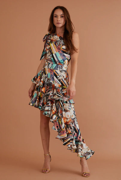 Rebecca Rhoades Dakota frill high low dress in retro zest