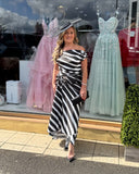 Eugenia flare dip hem midi dress by Kevan Jon in black and white