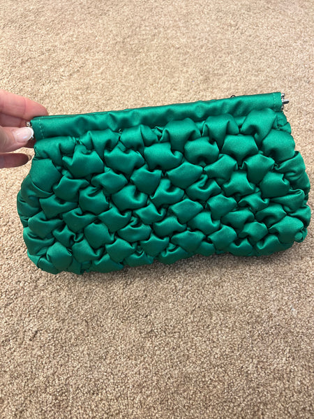 Kelly green satin quilted occasion handbag Deja Elite Boutique